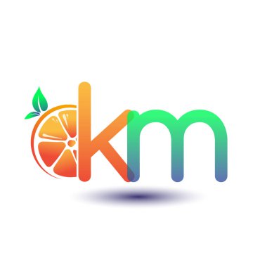 KM ilk harfi turuncu ve yeşil renk, taze meyve dükkanı için ilk logo veya taze meyve veya doğa ile ilgili herhangi bir şirket, vektör illüstrasyonu.