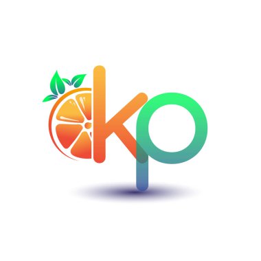 İlk harf KP logotype turuncu ve yeşil renk, taze meyve dükkanı için ilk logo veya taze meyve veya doğa ile ilgili herhangi bir şirket, vektör çizimi.
