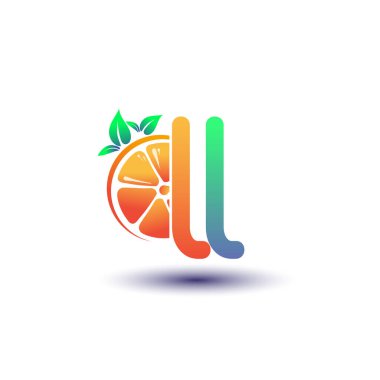 İlk harf LL logotype turuncu ve yeşil renk, taze meyve dükkanı için ilk logo veya taze meyve veya doğa ile ilgili herhangi bir şirket, vektör illüstrasyon.