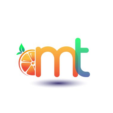 İlk harf MT logotype turuncu ve yeşil renk, taze meyve dükkanı için ilk logo veya taze meyve veya doğa ile ilgili herhangi bir şirket, vektör çizimi.