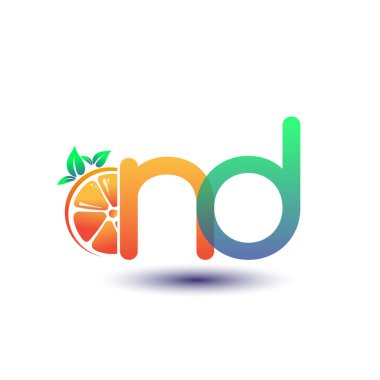 İlk harf ND logotip turuncu ve yeşil renk, taze meyve dükkanı için ilk logo veya taze meyve veya doğa ile ilgili herhangi bir şirket, vektör illüstrasyonu.