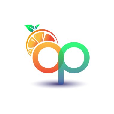 İlk harf OP logotype turuncu ve yeşil renk, taze meyve dükkanı için ilk logo veya taze meyve veya doğa ile ilgili herhangi bir şirket, vektör çizimi.