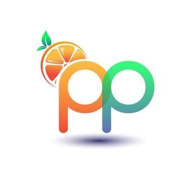 İlk harf PP logotype turuncu ve yeşil renk, taze meyve dükkanı için ilk logo veya taze meyve veya doğa ile ilgili herhangi bir şirket, vektör çizimi.