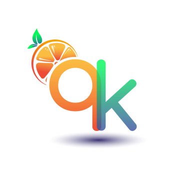 İlk harf QK logotype turuncu ve yeşil renk, taze meyve dükkanı için ilk logo veya taze meyve veya doğa ile ilgili herhangi bir şirket, vektör çizimi.