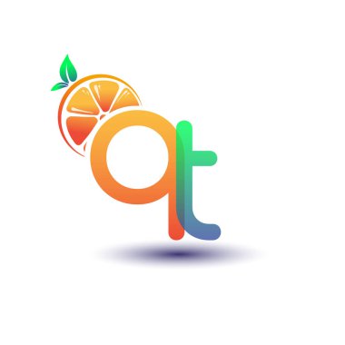 İlk harf QT logotype turuncu ve yeşil renk, taze meyve dükkanı için ilk logo veya taze meyve veya doğa ile ilgili herhangi bir şirket, vektör çizimi.