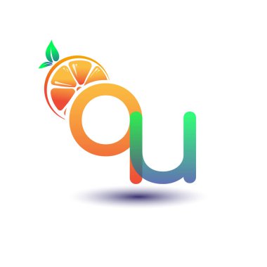 İlk harf QU logotype turuncu ve yeşil renk, taze meyve dükkanı için ilk logo veya taze meyve veya doğa ile ilgili herhangi bir şirket, vektör çizimi.