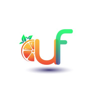İlk harf UF logotip turuncu ve yeşil renk, taze meyve dükkanı için ilk logo veya taze meyve veya doğa ile ilgili herhangi bir şirket, vektör illüstrasyonu.