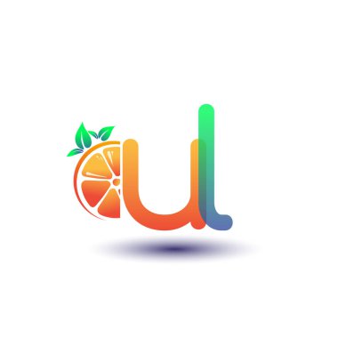 İlk harf UL logotype turuncu ve yeşil renk, taze meyve dükkanı için ilk logo veya taze meyve veya doğa ile ilgili herhangi bir şirket, vektör çizimi.