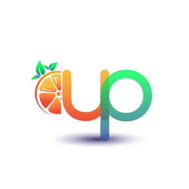 İlk harf UP logotype turuncu ve yeşil renk, taze meyve dükkanı için ilk logo veya taze meyve veya doğa ile ilgili herhangi bir şirket, vektör illüstrasyonu.