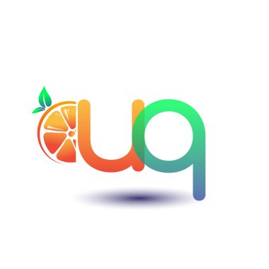 İlk harf UQ logoti turuncu ve yeşil renk, taze meyve dükkanı için ilk logo veya taze meyve veya doğa ile ilgili herhangi bir şirket, vektör illüstrasyonu.