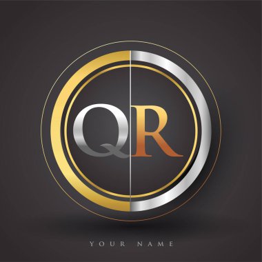 QR Harf logosu bir daire şeklinde, altın ve gümüş renkli. İş veya şirket kimliğiniz için vektör tasarımı şablonu ögeleri.