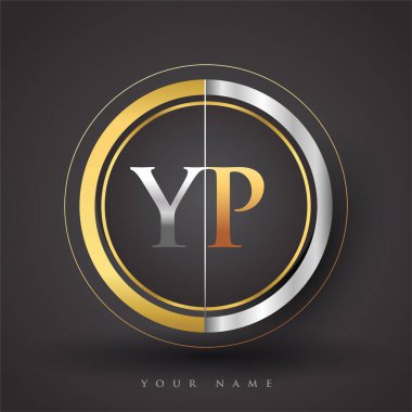 YP Harf logosu bir daire şeklinde, altın ve gümüş renkli. İş veya şirket kimliğiniz için vektör tasarımı şablonu ögeleri.