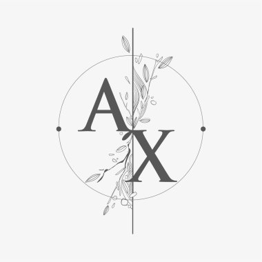 Harf AX El Çizimi Çiçekli Baş Logosu, Çember ve Çiçekli Düğün Yazı Tipi Logosu.