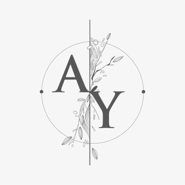 El Çizimi Çiçekli AY Baş Logosu, Çember ve Çiçekli Düğün Yazı Tipi Logosu.