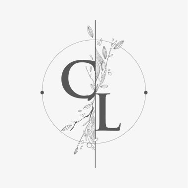 CL Harfi El Çizimi Çiçekli İlk Logo, Çember ve Çiçekli Düğün Yazı Tipi Logosu.