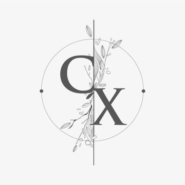 Harf CX El Çizimi Çiçekli İlk Logo, Çember ve Çiçekli Düğün Yazı Tipi Logosu.