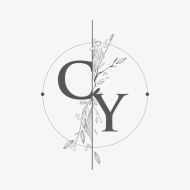 Harf CY El Çizimi Çiçekli İlk Logo, Çember ve Çiçekli Düğün Yazı Tipi Logosu.