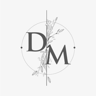 El Çizimi Çiçekli DM İlk Logosu, Çember ve Çiçekli Düğün Yazı Tipi Logosu.