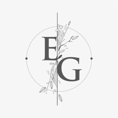 EG harfinin baş logosu. Çiçek El Çizimi, Çember ve Çiçekli Düğün Yazı Tipi Logosu..