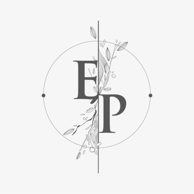 Harf EP El Çizimi Çiçekli Baş Logosu, Çember ve Çiçekli Düğün Yazı Tipi Logosu.