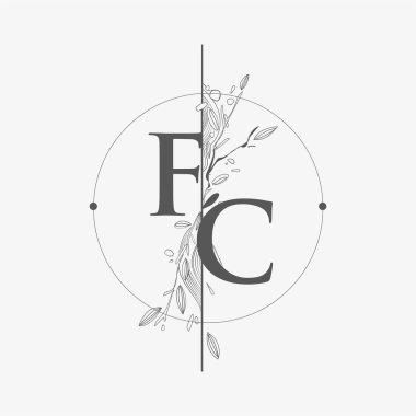 Harf FC El Çizimi Çiçekli İlk Logo, Çember ve Çiçekli Düğün Yazı Tipi Logosu.