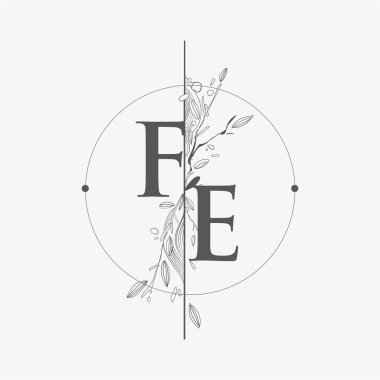FE Harfi El Çizimi Çiçekli İlk Logo, Çember ve Çiçekli Düğün Yazı Tipi Logosu.