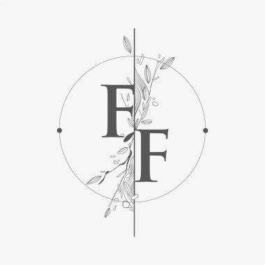 FF Harfi El Çizimi Çiçekli İlk Logo, Çember ve Çiçekli Düğün Yazı Tipi Logosu.