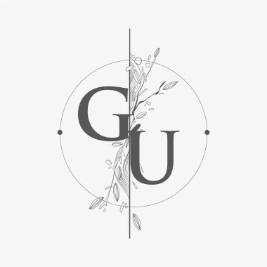 El Yazısı Çiçekli GU İlk Logosu, Çember ve Çiçekli Düğün Yazı Tipi Logosu.