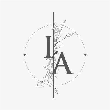 El Çizimi Çiçekli IA Baş Logosu, Çember ve Çiçekli Düğün Yazı Tipi Logosu.