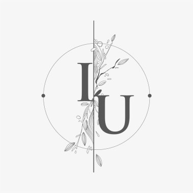 Harf IU El Çizimi Çiçekli İlk Logo, Çember ve Çiçekli Düğün Yazı Tipi Logosu.