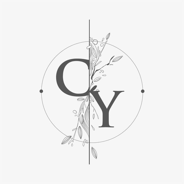 Letter CY Initial Logo with Hand Draw Floral, Initial Wedding Font Logo with Circle and Flowers.