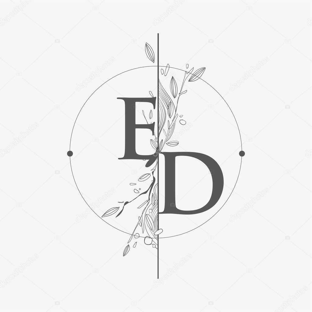 Letter ED Initial Logo with Hand Draw Floral, Initial Wedding Font Logo with Circle and Flowers.
