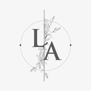 El Çizimi Çiçekli Los Angeles Baş Logosu, Çember ve Çiçekli Düğün Yazı Tipi Logosu.