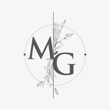 El Çizimi Çiçekli MG Baş Logosu, Çember ve Çiçekli Düğün Yazı Tipi Logosu.