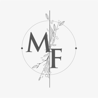 El Çizimi Çiçekli MF Baş Logosu, Çember ve Çiçekli Düğün Yazı Tipi Logosu.