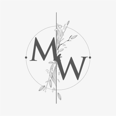 MW Harfi El Çizimi Çiçekli İlk Logo, Çember ve Çiçekli Düğün Yazı Tipi Logosu.