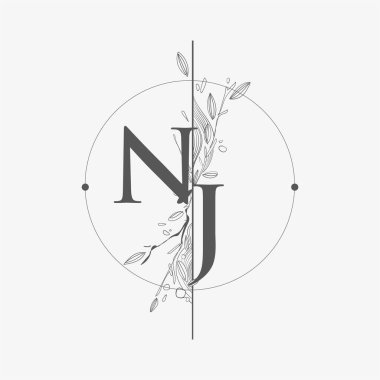 NJ Harfi El Çizimi Çiçekli İlk Logo, Çember ve Çiçekli Düğün Yazı Tipi Logosu.