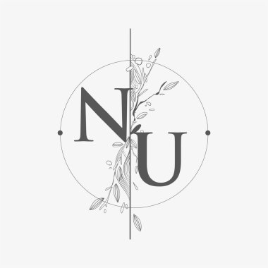 El Çizimi Çiçekli NU Baş Logosu, Çember ve Çiçekli Düğün Yazı Tipi Logosu.