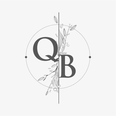 Harf QB El Çizimi Çiçekli İlk Logo, Çember ve Çiçekli Düğün Yazı Tipi Logosu.