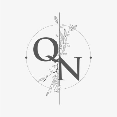 El Çizimi Çiçekli QN Baş Logosu, Çember ve Çiçekli Düğün Yazı Tipi Logosu.