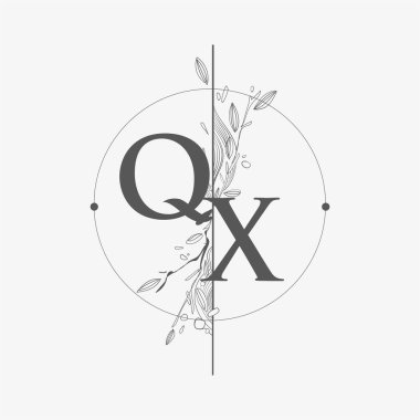 El Çizimi Çiçekli QX Baş Logosu, Çember ve Çiçekli Düğün Yazı Tipi Logosu.