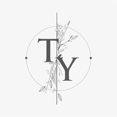 El çizimi çiçekli TY İlk Logosu, Çember ve Çiçekli Düğün Yazı Tipi Logosu.