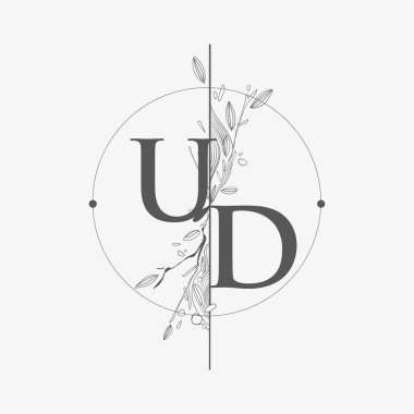 El Çizimi Çiçekli UD Baş Logosu, Çember ve Çiçekli Düğün Yazı Tipi Logosu.