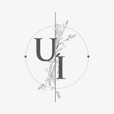 Harf UI El Çizimi Çiçekli İlk Logo, Çember ve Çiçekli Düğün Yazı Tipi Logosu.
