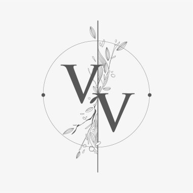 Harf VV El Çizimi Çiçekli İlk Logo, Çember ve Çiçekli Düğün Yazı Tipi Logosu.