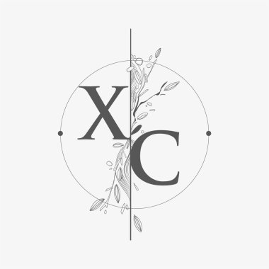 Harf XC El Çizimi Çiçekli İlk Logo, Çember ve Çiçekli Düğün Yazı Tipi Logosu.