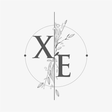 Harf XE El Çizimi Çiçekli İlk Logo, Çember ve Çiçekli Düğün Yazı Tipi Logosu.