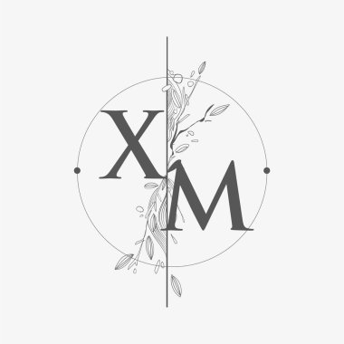 Harf XM El Çizimi Çiçekli İlk Logo, Çember ve Çiçekli Düğün Yazı Tipi Logosu.