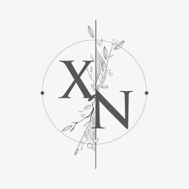 Harf XN El Çizimi Çiçekli İlk Logo, Çember ve Çiçekli Düğün Yazı Tipi Logosu.