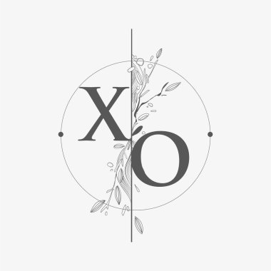 Harf XO El Çizimi Çiçekli İlk Logo, Çember ve Çiçekli Düğün Yazı Tipi Logosu.